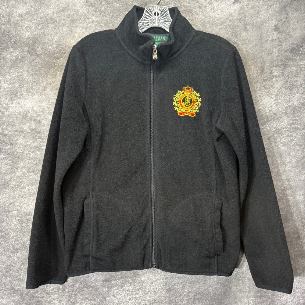 Lauren Ralph Lauren Black Full Zip Fleece Jacket Monogram Crest Logo Size PL